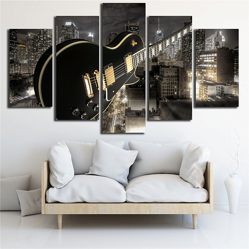 Картина модульная из 5 частей. Черная электрогитара. 2 шт (30x50 см), (30x70 см), 1 шт (30x80 см).